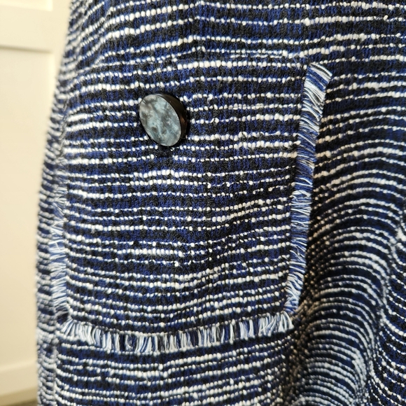 Tweed Fall Sheath Dress Navy Blue White Stripes Sleeveless Fringe Paris Size 10 - Picture 8 of 17